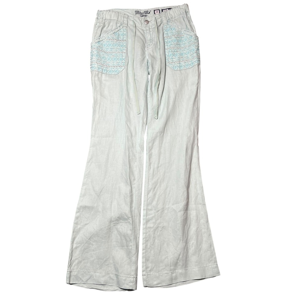 Miss‎ Me Cargo Pants Trouser Medium Mint 100% Linen Wide Leg Aztec Boho Y2K TALL